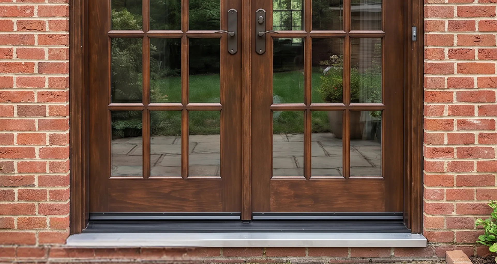 Exterior view of closed French doors set into a brick wall with visible frame and threshold