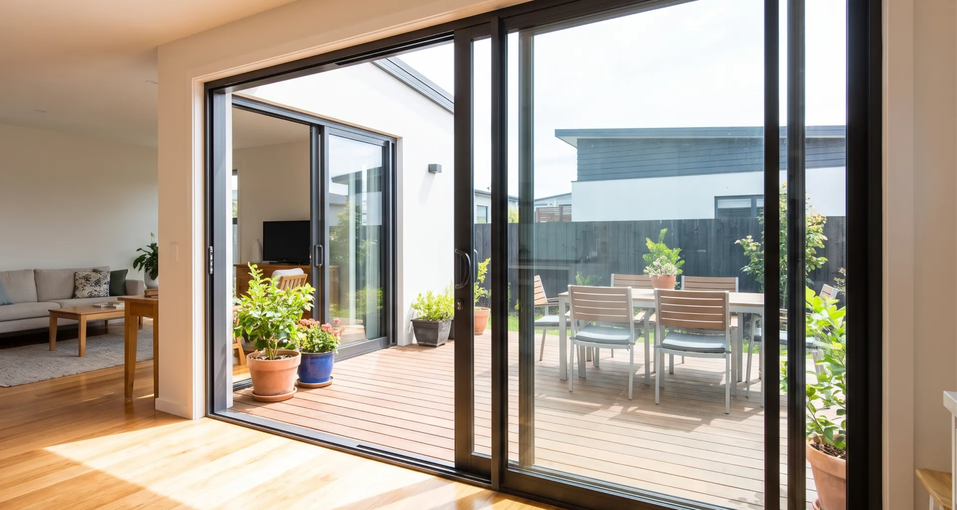 Empty patio door opening with a cleaned sill track and a new sliding unit waiting alongside