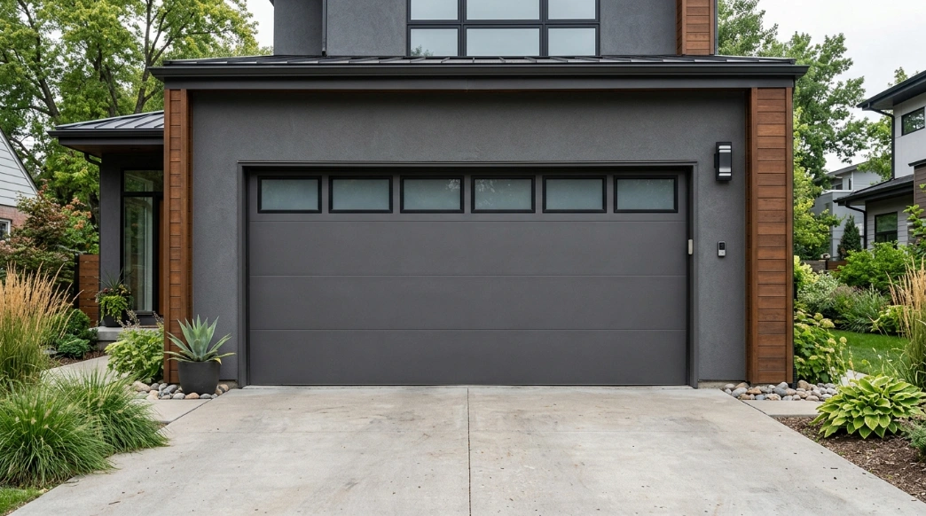 Flush-panel garage door with a row of black window inserts