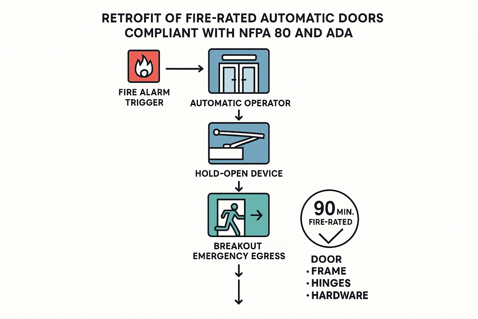 A technical diagram detailing the retrofit process for fire-rated automatic doors compliant with NFPA 80 and ADA standards, showing fire alarm integration, hold-open release mechanisms, breakout emergency egress, and 90-minute fire rating specifications.
