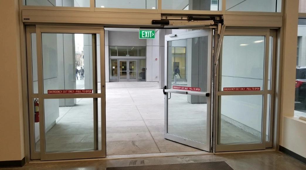 Automatic sliding door swings out