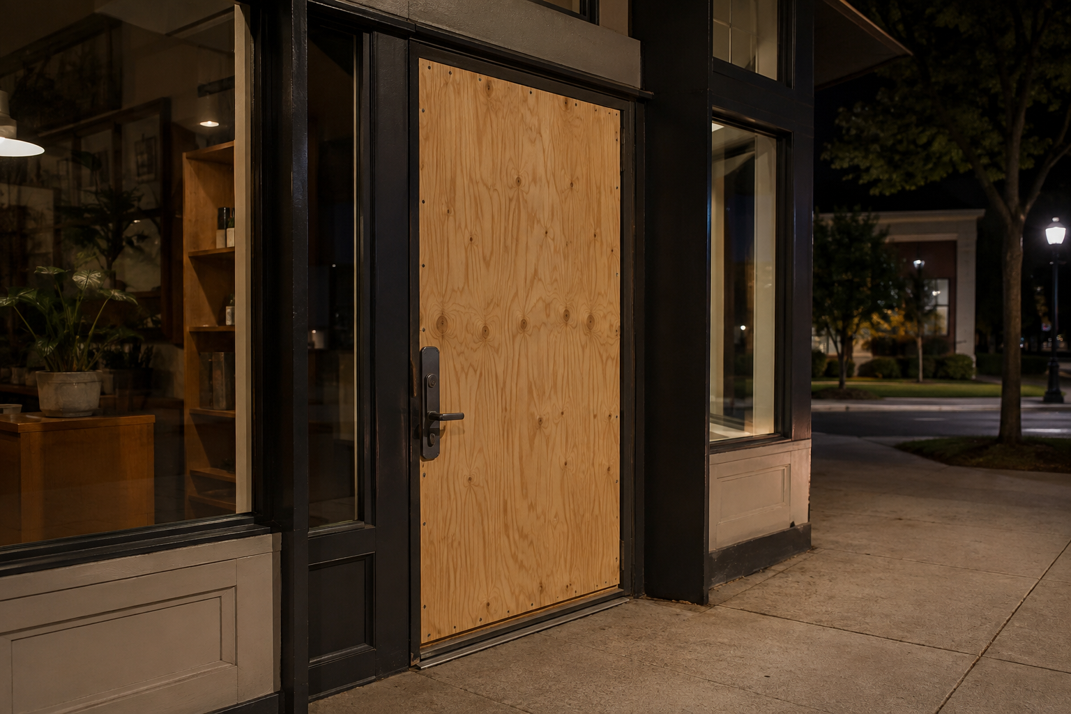 Plywood board-up securing a broken storefront glass door overnight
