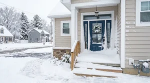 Snow drifted against entry door