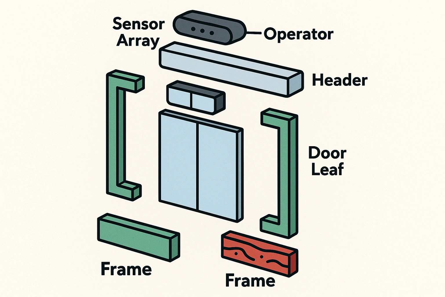 An exploded mechanical diagram showing key automatic door assembly components, including the sensor array, operator, header, door leafs, and surrounding frame structure.