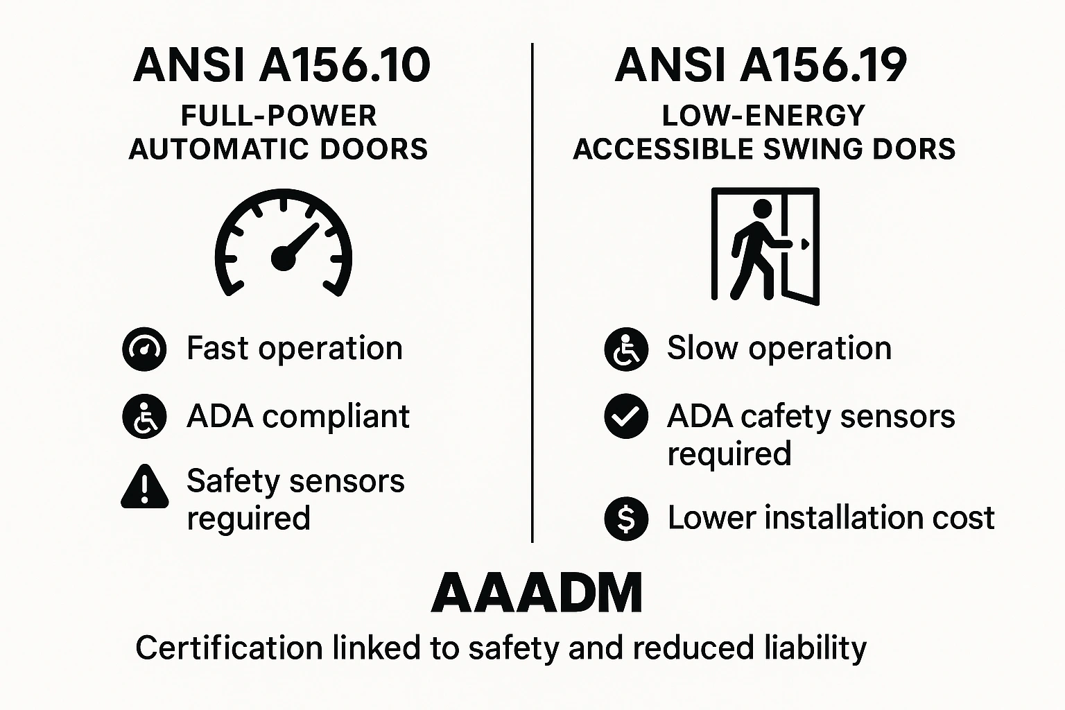 A comparison chart detailing compliance standards between ANSI A156.10 full-power automatic doors and ANSI A156.19 low-energy accessible swing doors, outlining speed, ADA compliance, and safety sensor requirements.