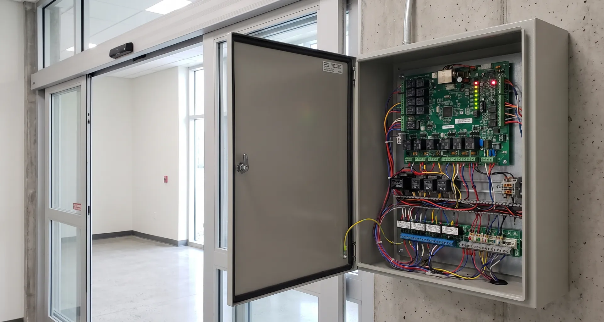 automatic-door-repair-technician-diagnosing-control-board