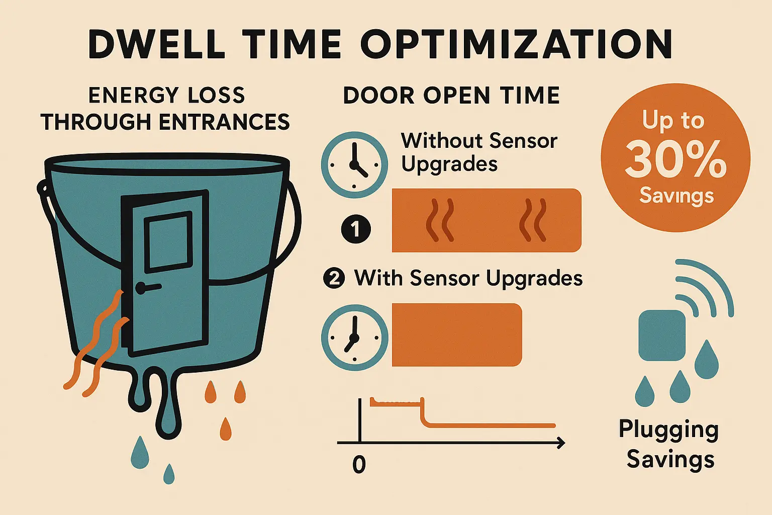 Visual metaphor of a leaking door-shaped bucket illustrates how shortening automatic door open time through smart sensor upgrades leads to substantial commercial HVAC energy savings.