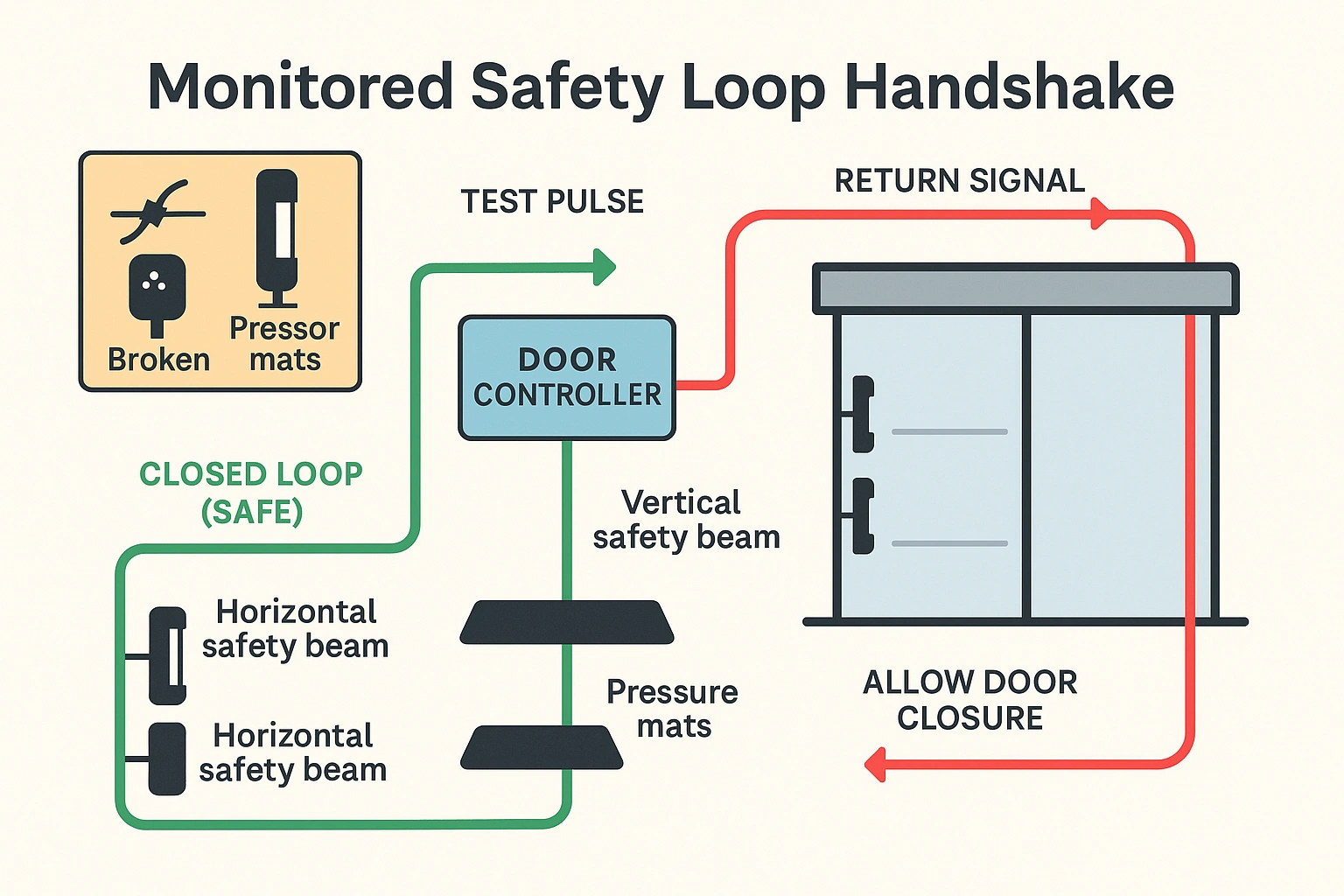 A step-by-step troubleshooting flowchart for commercial and residential automatic door sensors, showing LED status checks (Solid Green, Blinking Red), cleaning optics, and sensor realignment steps.