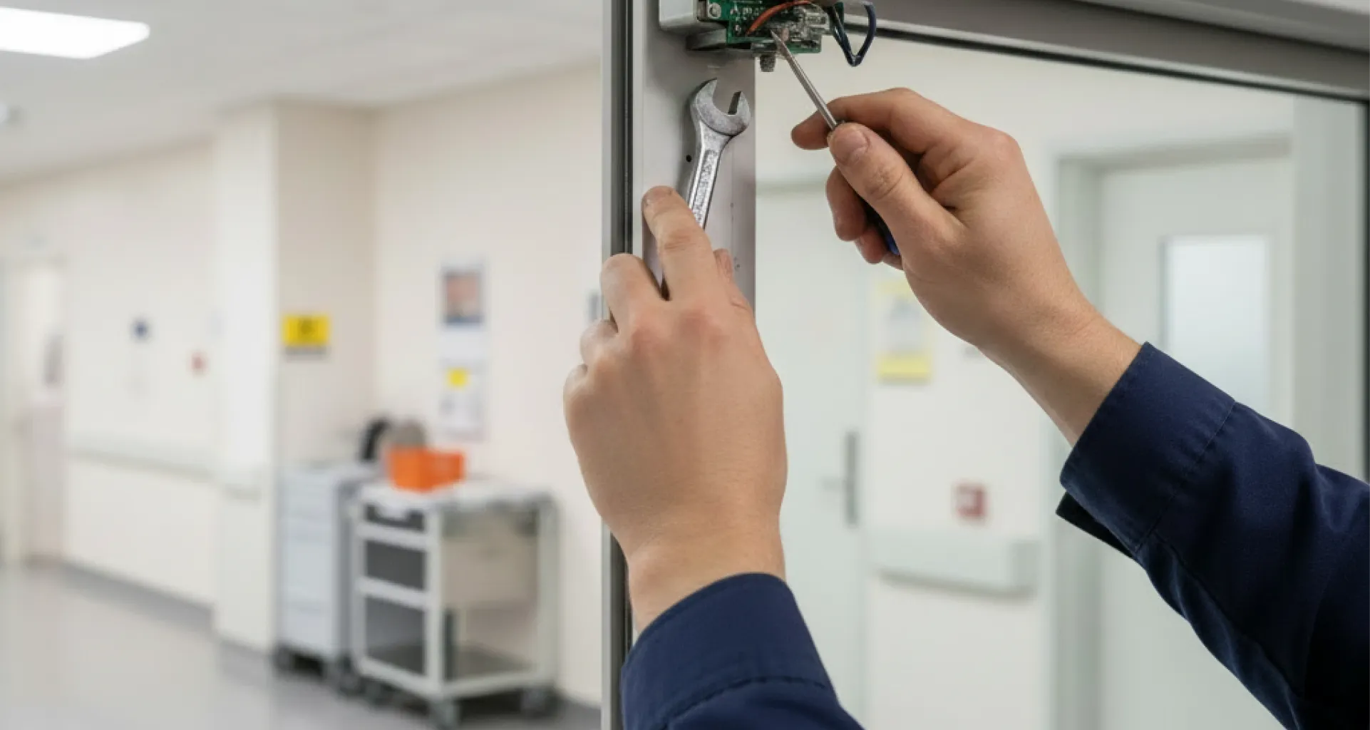 automatic-door-technician-working-in-occupied-hospital-unit