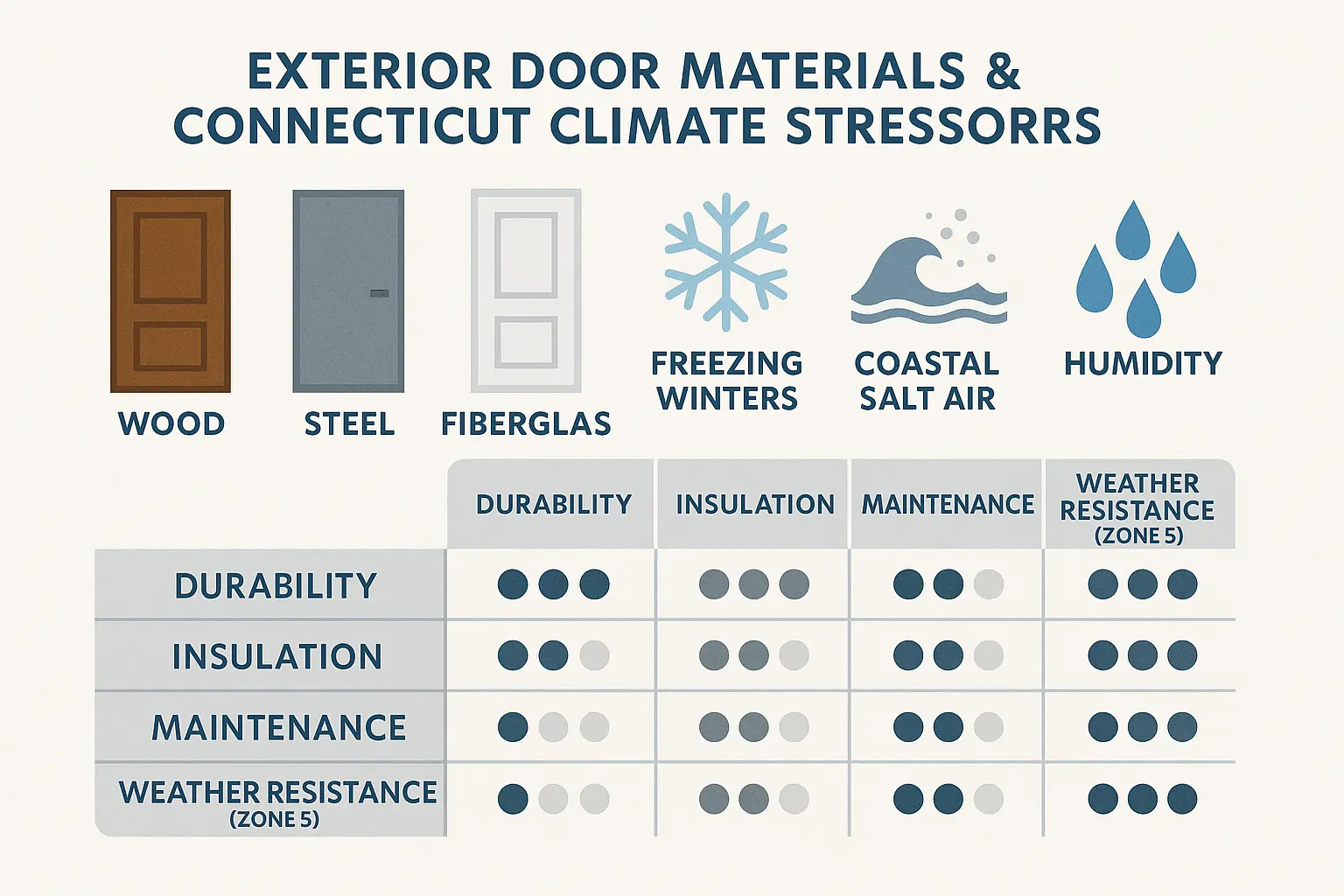 Understanding how different exterior door materials perform in Connecticut’s challenging Zone 5 climate helps homeowners choose doors that last longer and maintain efficiency.