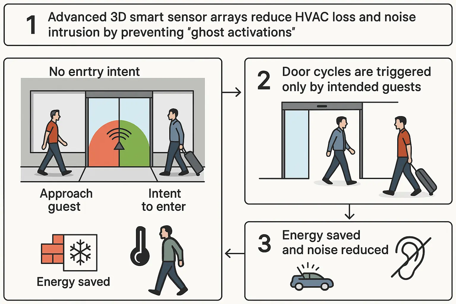 This step-by-step diagram explains the sophisticated sensor technology that distinguishes true guest entry from passersby, reducing energy waste and maintaining a serene lobby atmosphere.