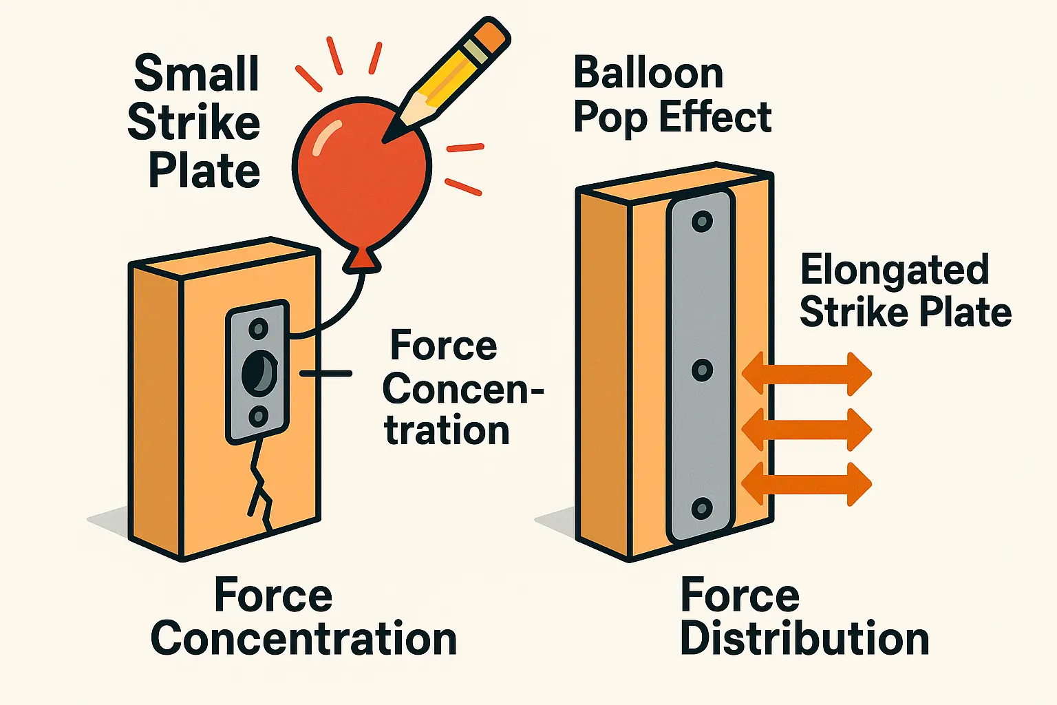 This visual metaphor explains why strong locks fail on weak frames: a small strike plate focuses all kick-in force on a tiny soft wood area, causing failure, while an elongated steel strike plate spreads out the force to protect the door frame.