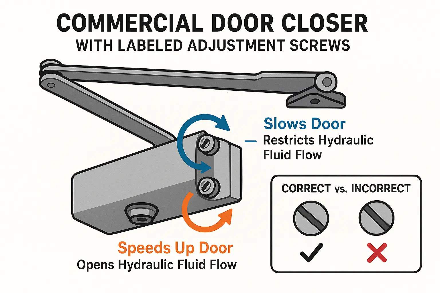 Understanding Hydraulic Valve Adjustment: Turning the adjustment screw clockwise slows door closing by restricting fluid flow; turning counter-clockwise speeds it up. This clears up common industry mistakes for safer, more effective adjustments.