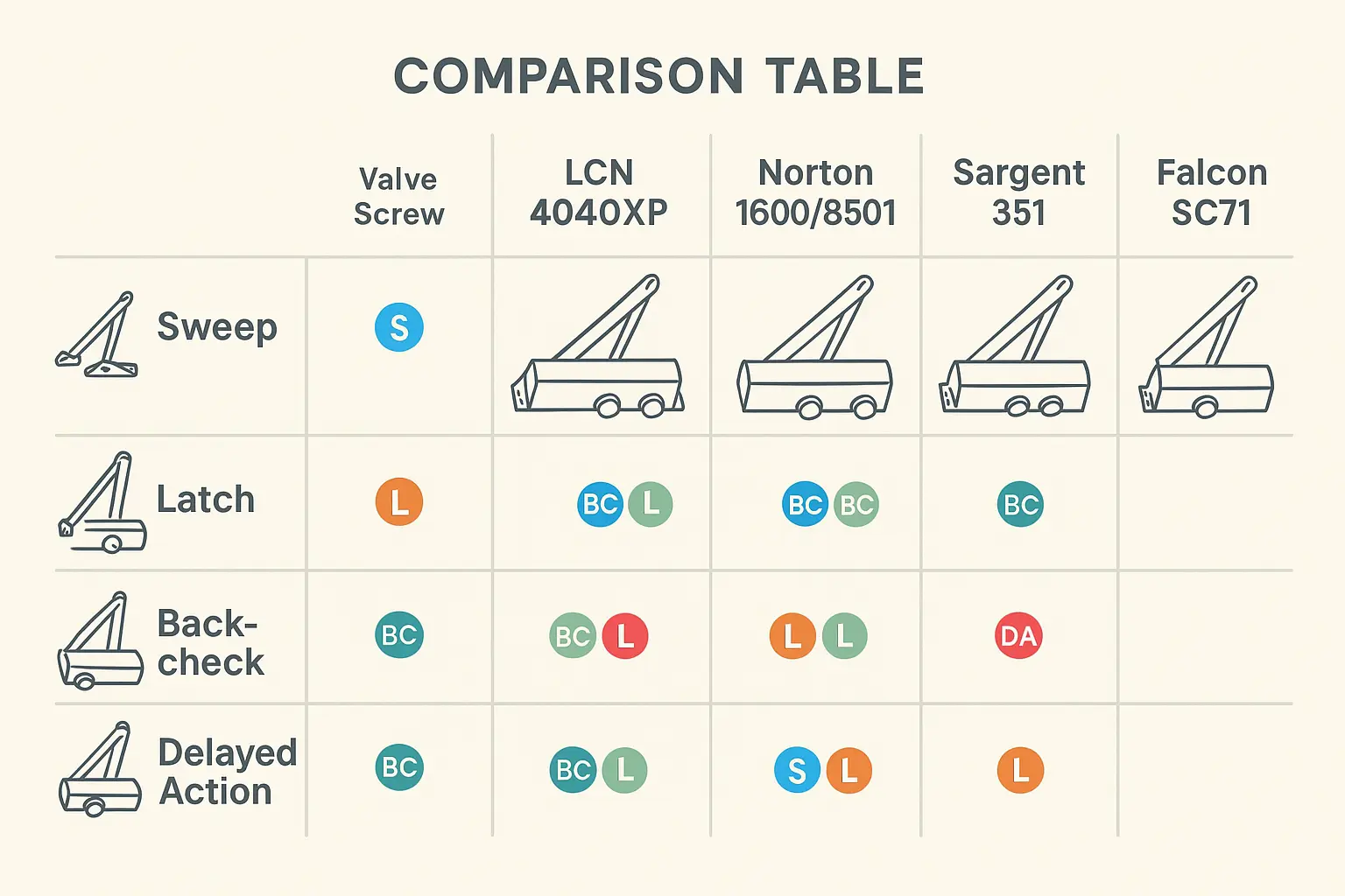 Valve Translation Table: Know exactly where each valve adjustment screw is located on popular commercial door closers. This visual map removes guesswork and speeds up accurate adjustments for facility professionals.