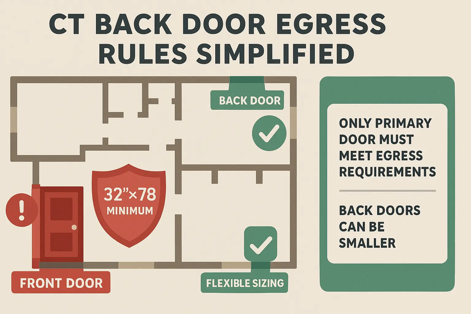 Connecticut State Building Code Clarified: Primary Entrance Doors Must Meet Egress Dimensions, But Secondary Back Doors Have Flexible Requirements.