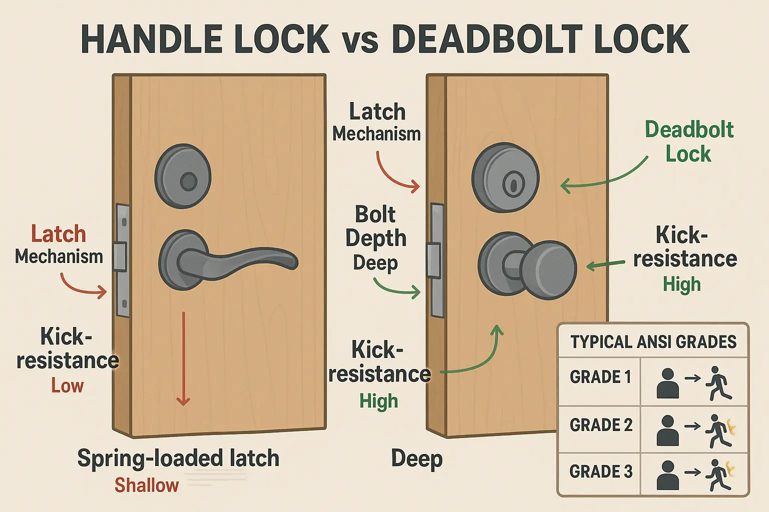 This side-by-side visual clarifies how handle locks use spring latches that are less secure compared to deadbolt locks with solid bolts, reinforced by ANSI Grade ratings for back door security.