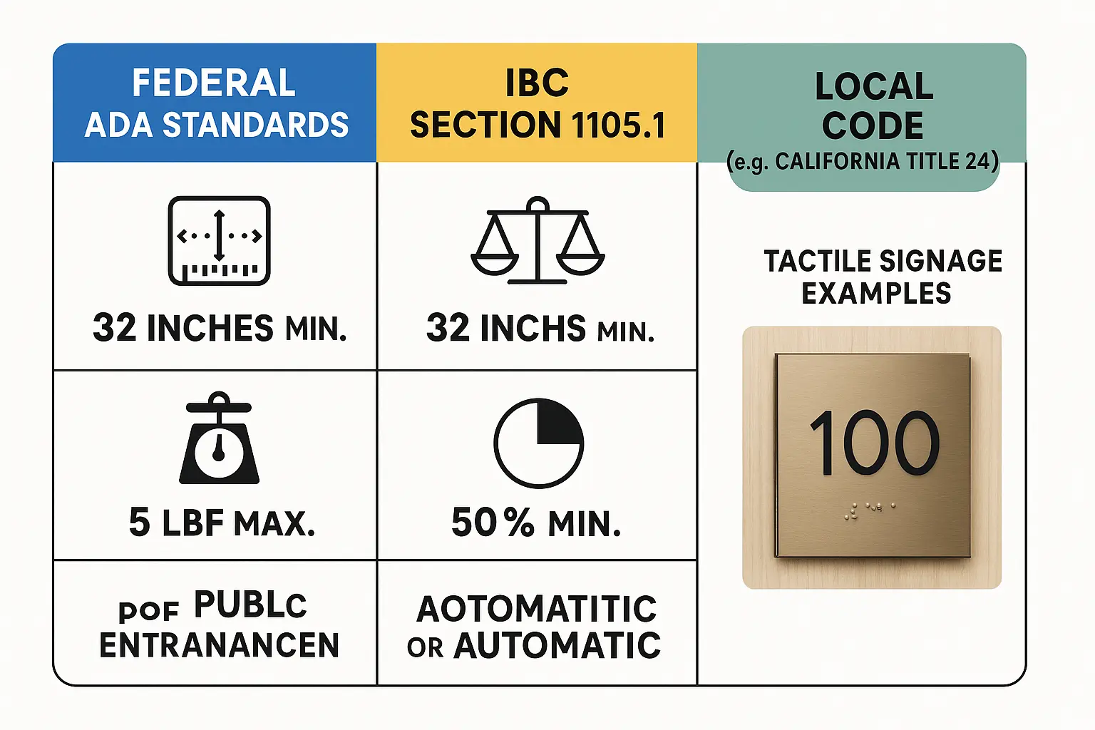 This memory anchor visually summarizes complex accessibility regulations and highlights how automatic doors fulfill diverse code mandates, aiding architects, developers, and procurement professionals in compliance planning.