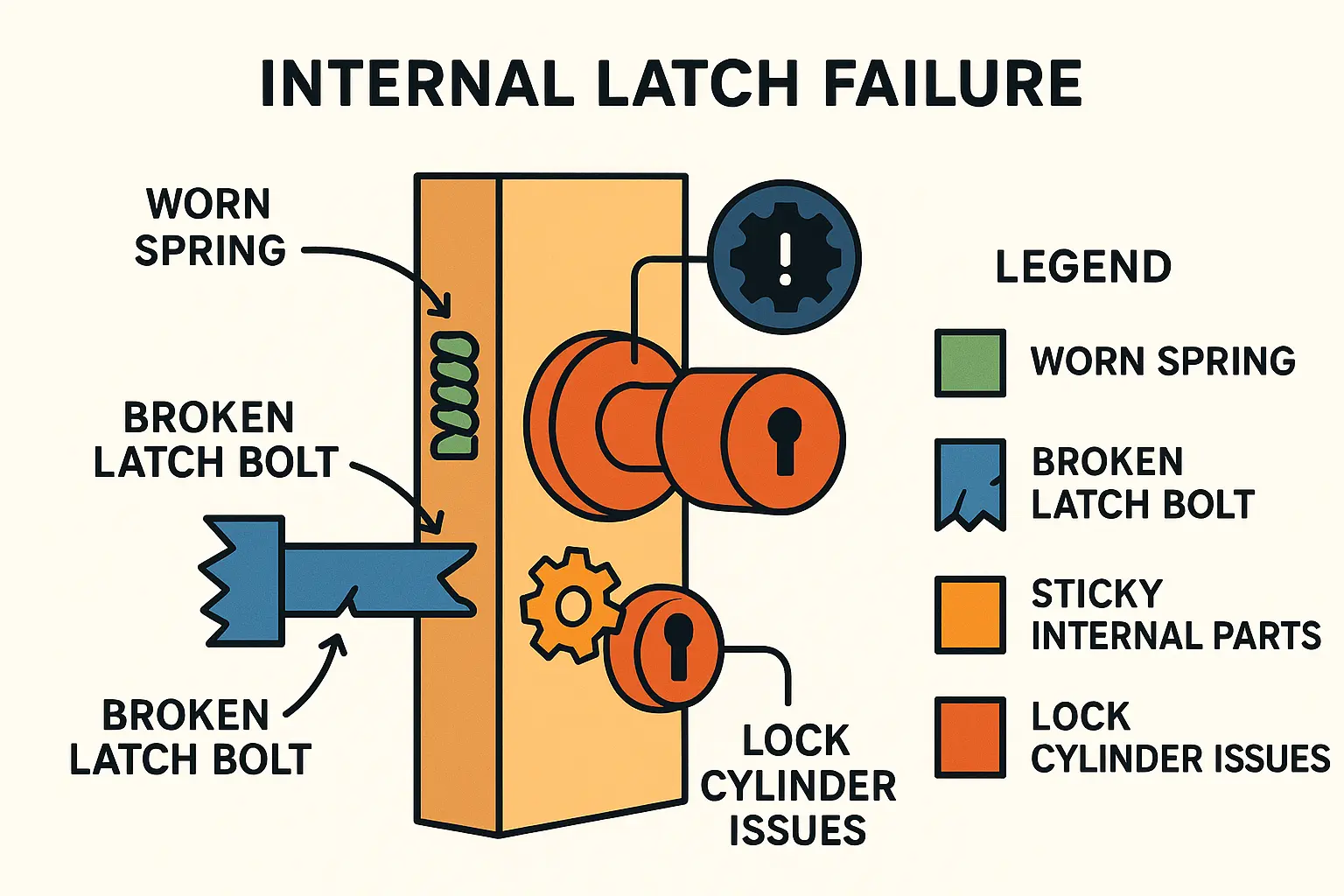 This diagram demystifies the inner workings of latch mechanisms, highlighting how common internal faults disrupt proper door latching.