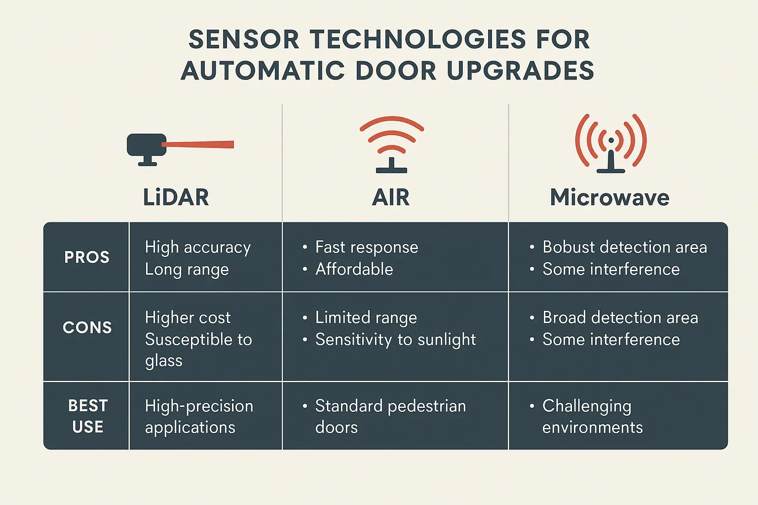 Visual comparison of LiDAR, Active Infrared (AIR), and Microwave sensor technologies highlights their unique roles in enhancing automatic door safety and presence detection.