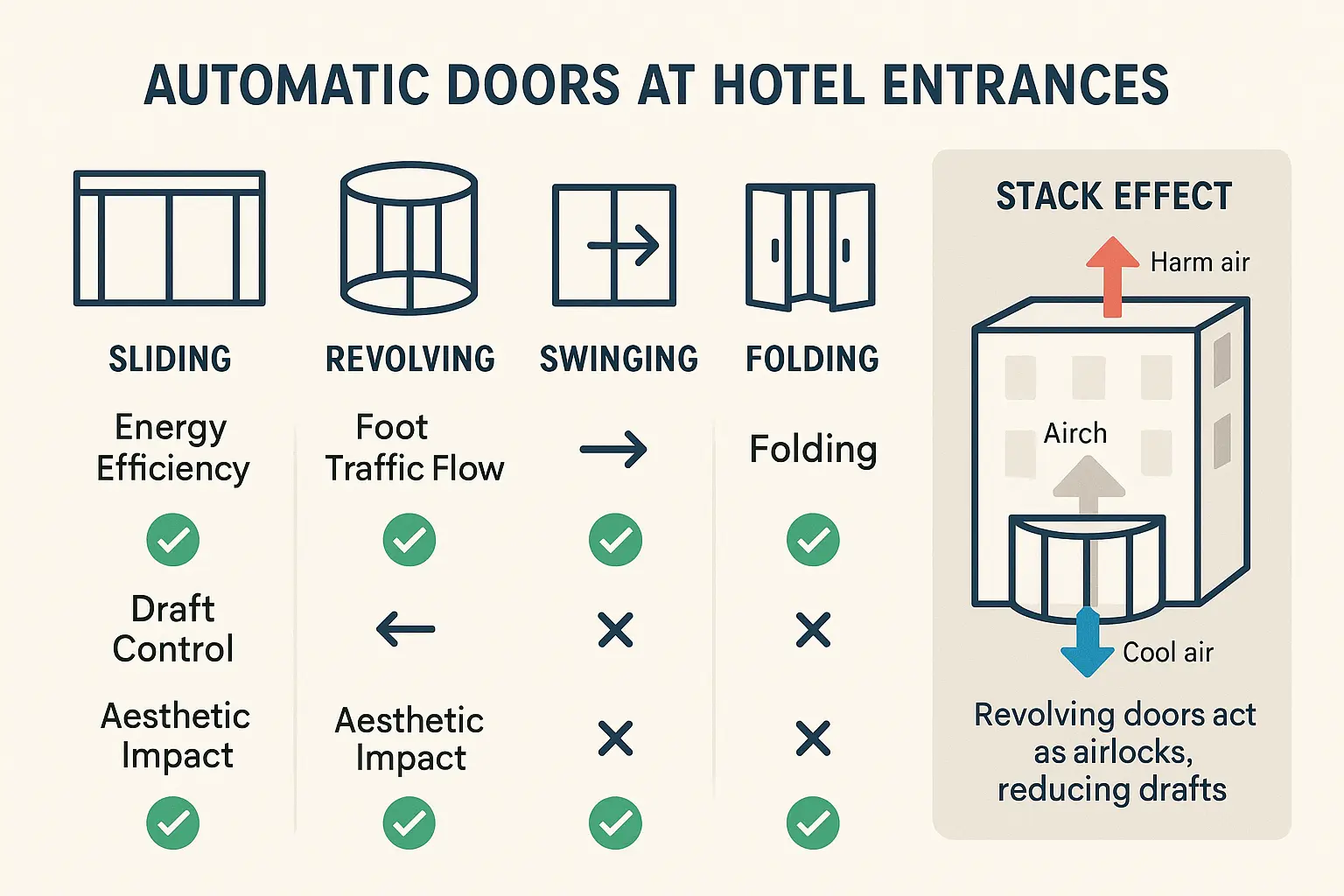 A visual comparison of common automatic door types in hotels, illustrating how revolving doors reduce lobby drafts and improve energy efficiency by acting as airlocks, mitigating the stack effect.