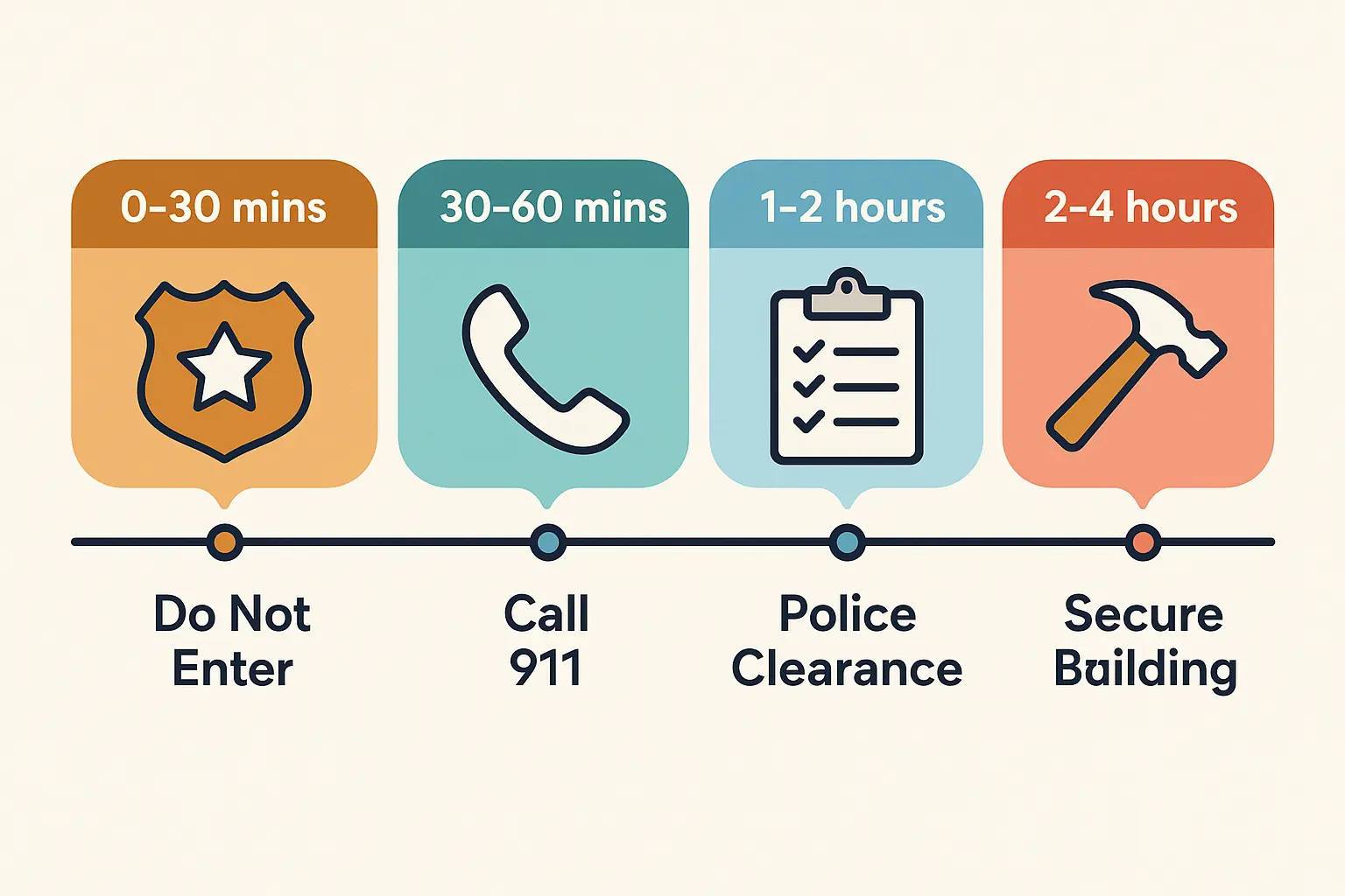 Visual timeline highlighting critical actions during the first four hours after a commercial break-in, guiding business owners through immediate safety, legal, and boarding procedures.