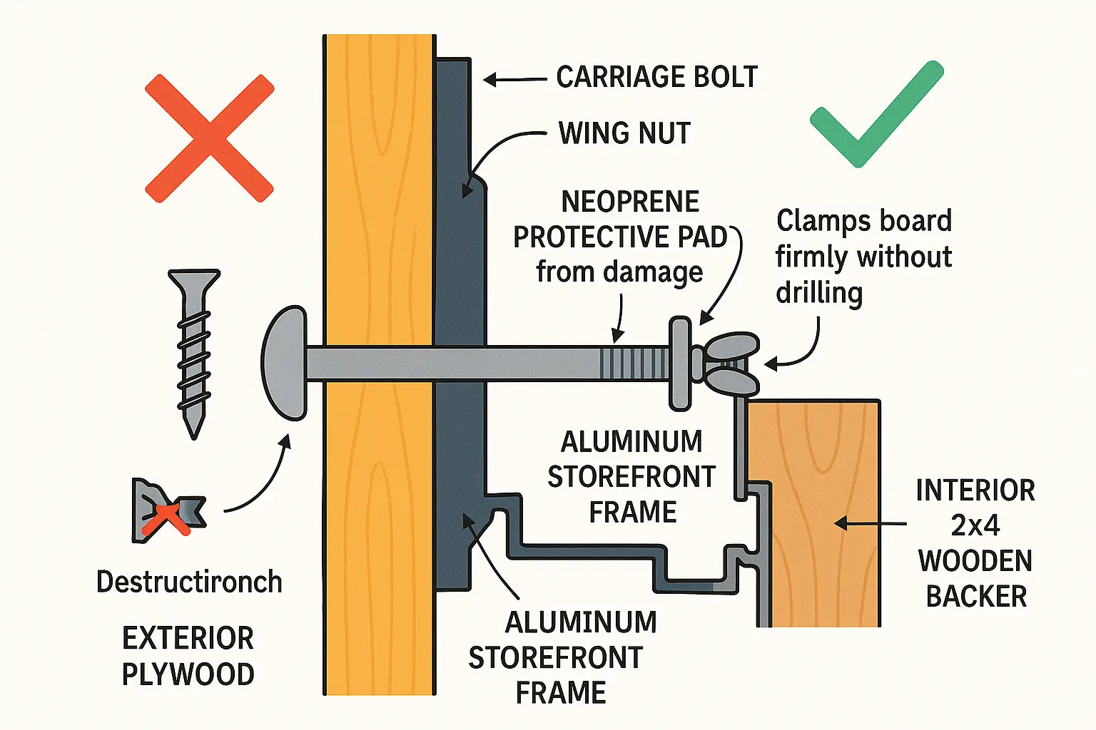 Detailed diagram explaining the non-destructive bolt-through clamping method that preserves storefront frames during emergency board-ups, preventing costly damage and warranty voiding.