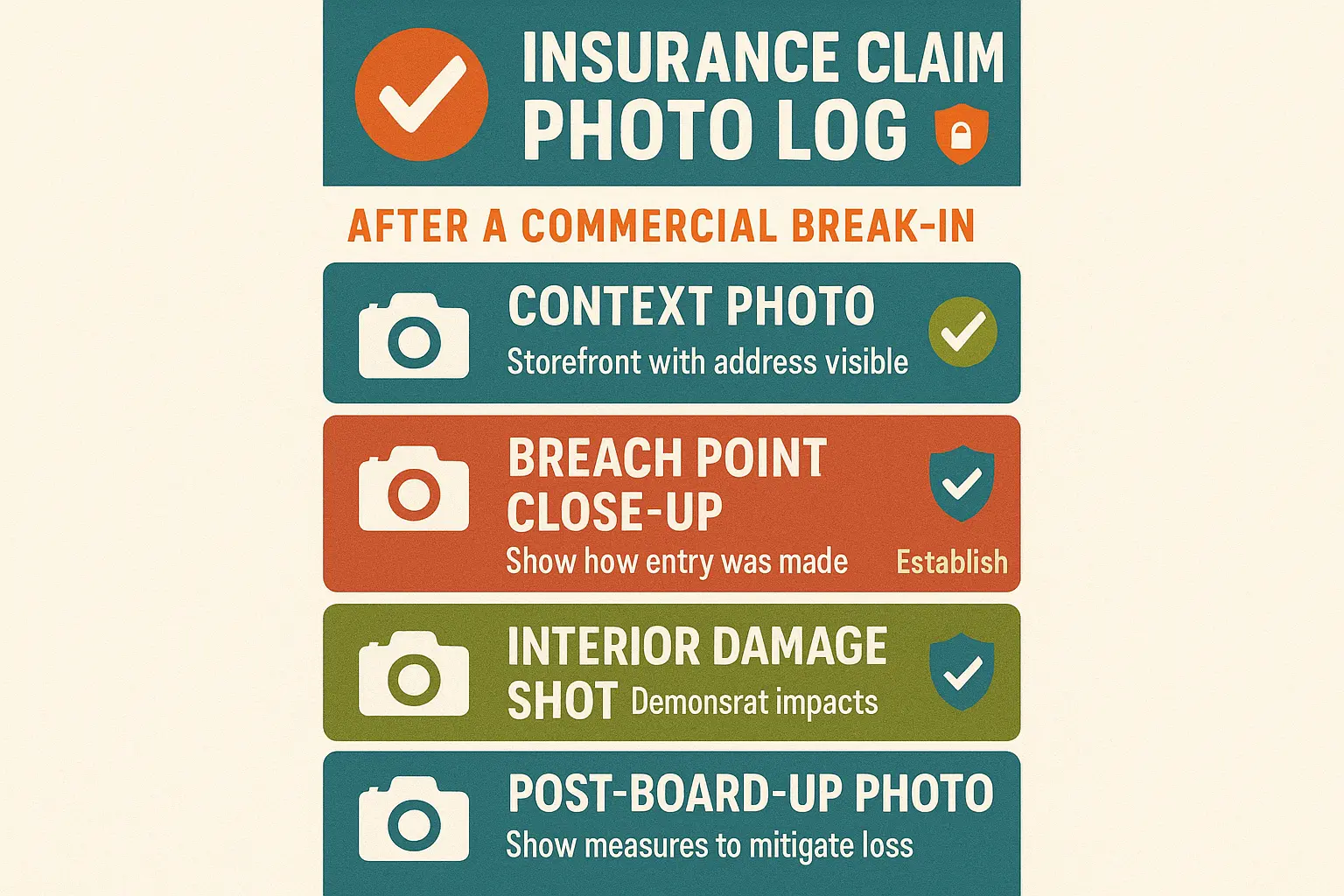 Essential photographic documentation checklist ensuring business owners capture the right evidence to meet insurance 'Duty to Mitigate Loss' requirements after a break-in.