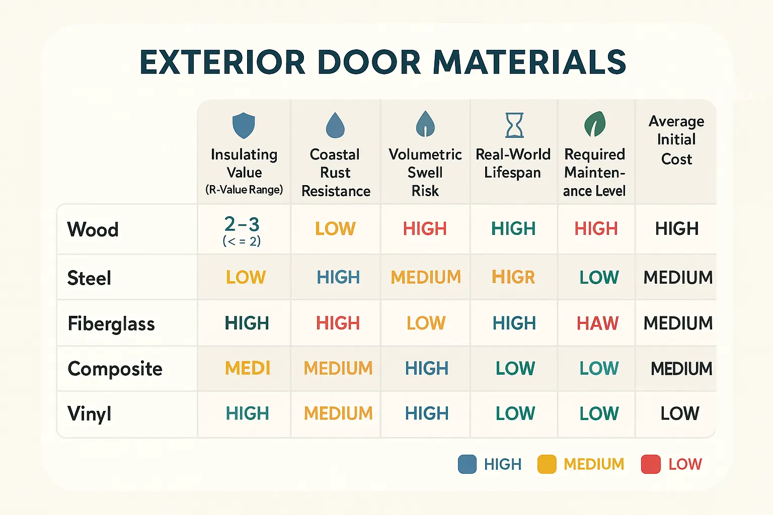 This visual comparison matrix breaks down the strengths and weaknesses of common exterior door materials, helping Connecticut homeowners quickly evaluate which door best matches their durability, efficiency, and maintenance needs.
