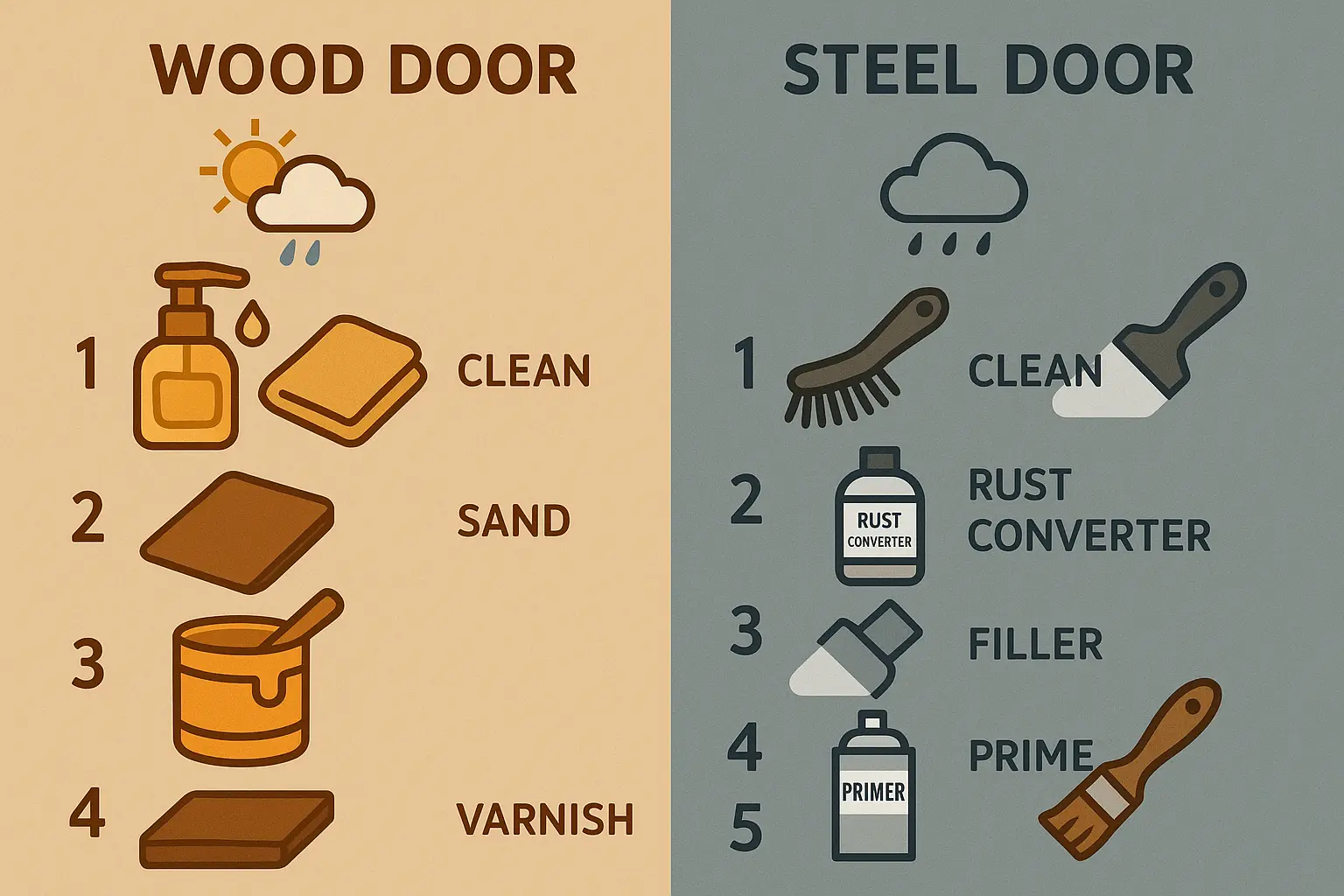This dual maintenance visual guide anchors key preservation tasks for wood and steel doors in an easy-to-remember format, empowering property owners in Connecticut to extend door lifespan through proper seasonal care.