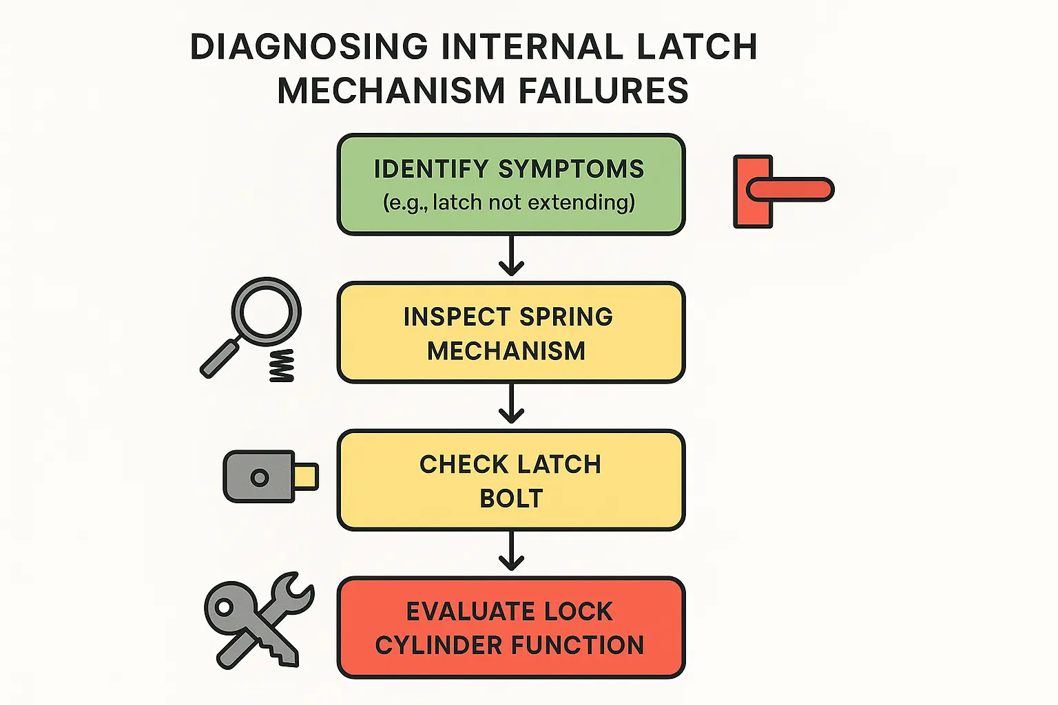 A clear diagnostic flowchart to guide repair professionals and homeowners through troubleshooting internal latch-related problems systematically.