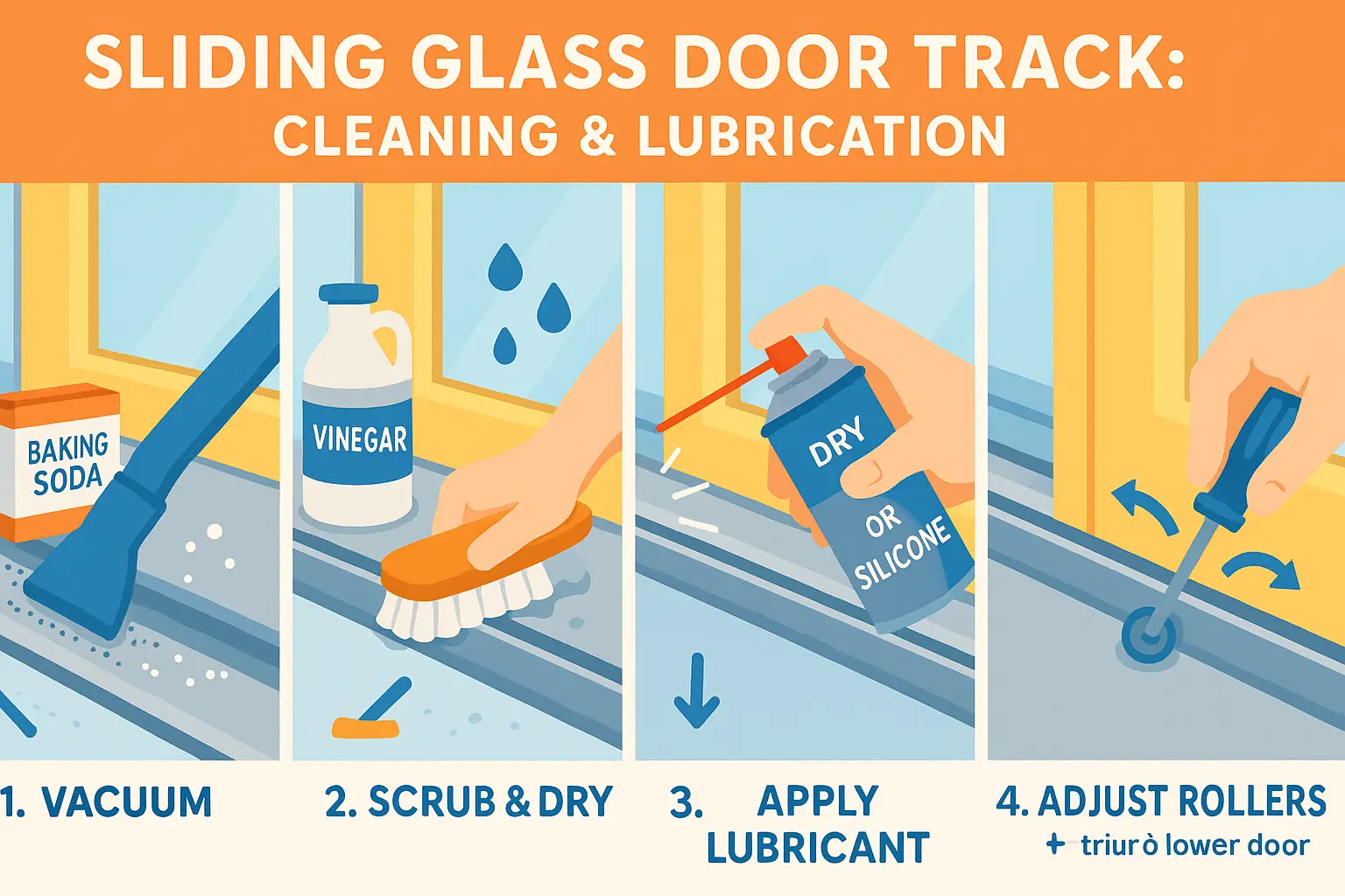 This visual guide walks users through safely restoring sliding glass door functionality by cleaning the track, applying the c