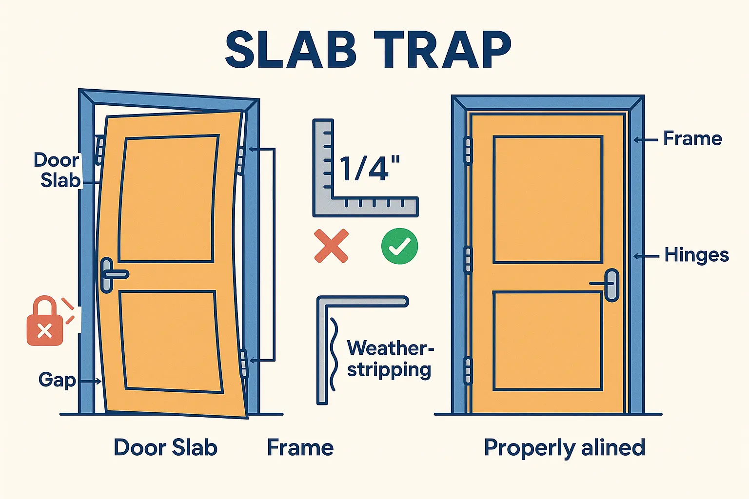 This visual clarifies why simply replacing a door slab can fail if the existing frame is warped. The 3-point framing square t