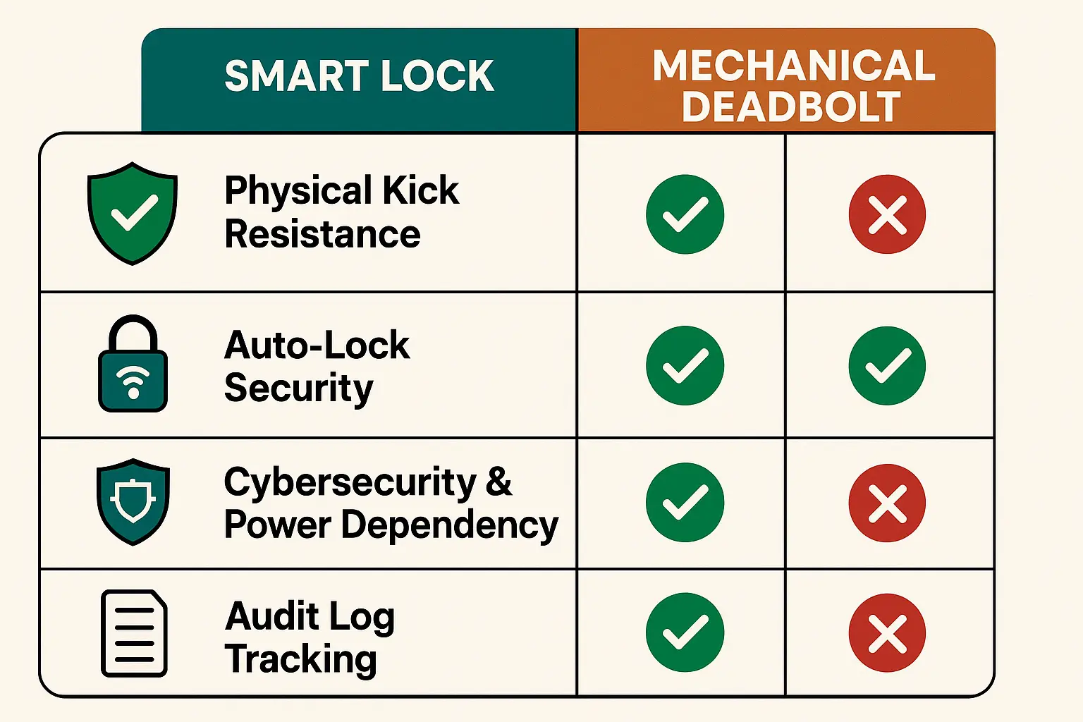 This comparison chart anchors key differences between smart locks and traditional deadbolts, helping readers remember trade-offs between physical security and smart convenience features.