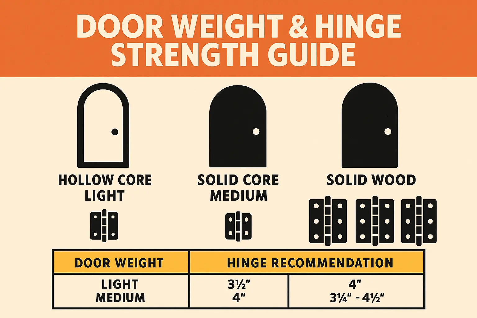 Matching door weight to appropriate hinge size and number prevents installation issues and prolongs door longevity.