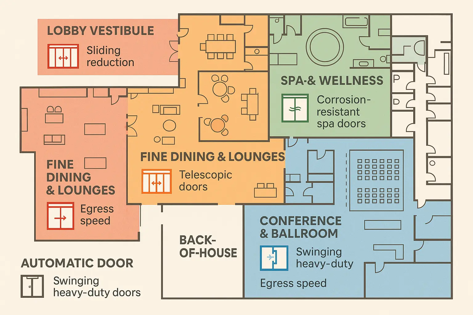 A zone-by-zone hotel layout illustrating recommended automatic door mechanisms tailored to each property's functional needs and environmental conditions.