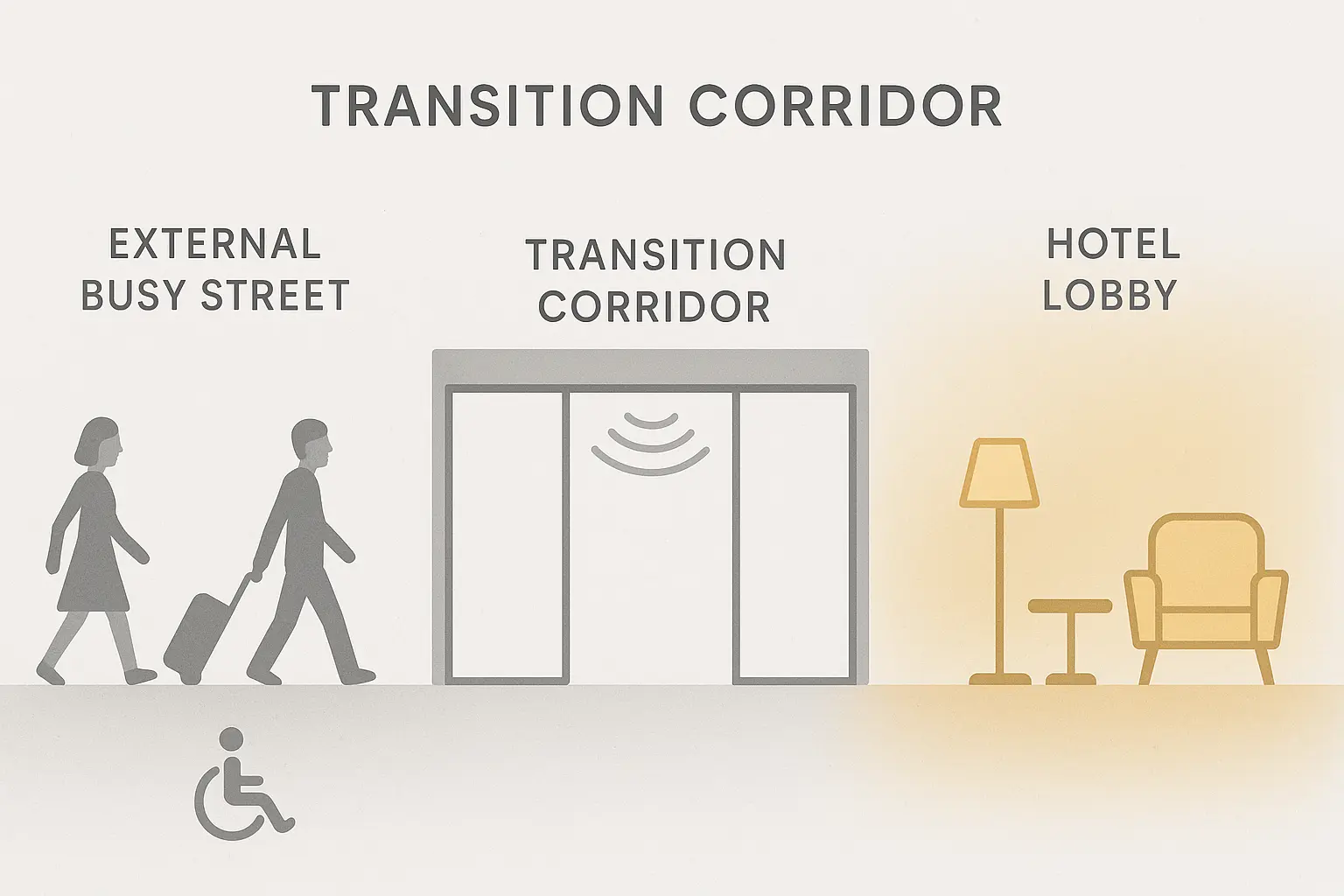 This illustration clarifies how automatic doors create a seamless 'Transition Corridor,' transforming a busy, chaotic exterior into a welcoming, tranquil lobby experience—key for immediate positive guest impressions in luxury hospitality.