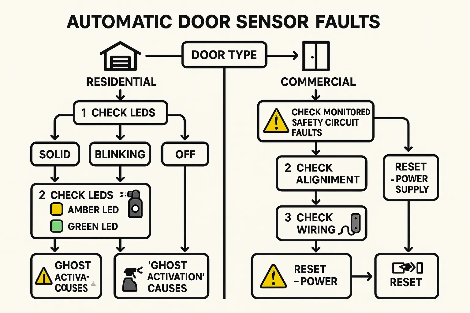This flowchart educates users on systematically diagnosing sensor issues in both residential and commercial automatic doors, empowering self-help repairs and informed technician interventions.