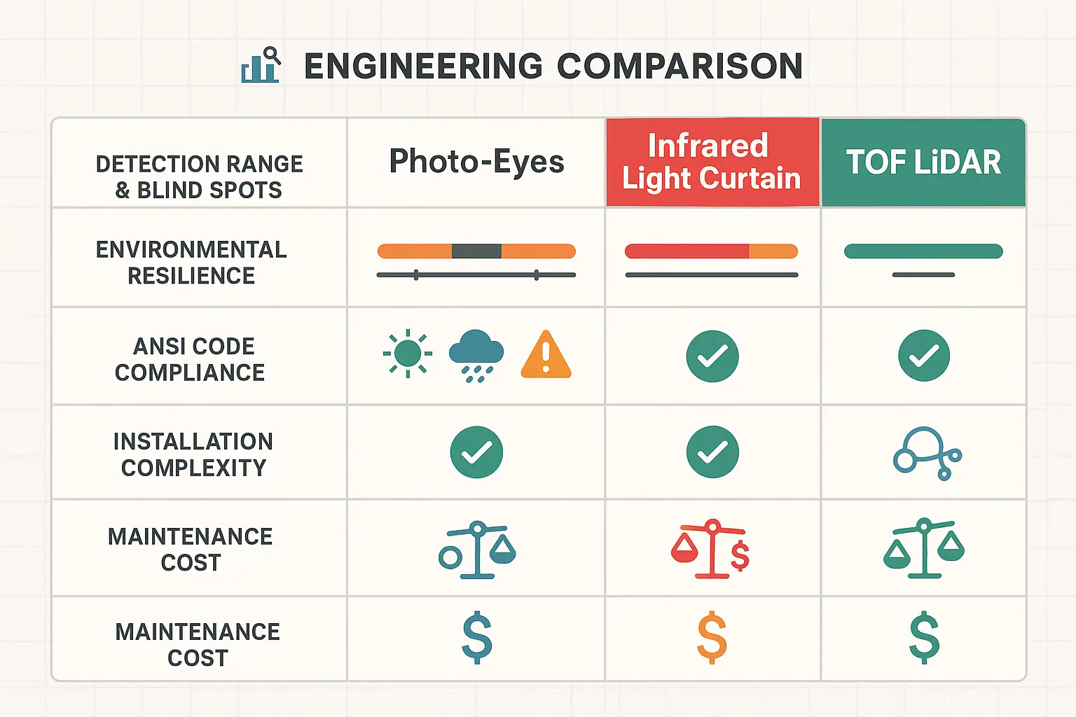 This comparison chart anchors memory by visually contrasting the strengths and weaknesses of major automatic door sensor technologies, empowering smarter technology selection decisions.