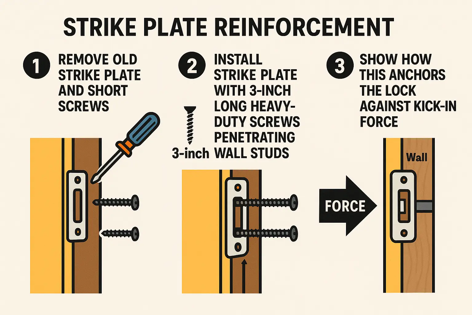 Visualizing the hidden security risk of outswing back doors with exposed hinge pins, this image anchors the solution using non-removable pin hinges to prevent break-ins.