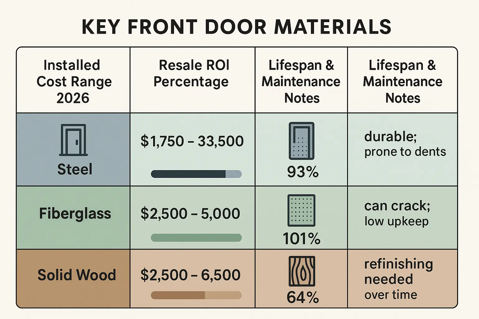 This infographic anchors key data about front door materials, showing their costs, resale value, and durability side by side.