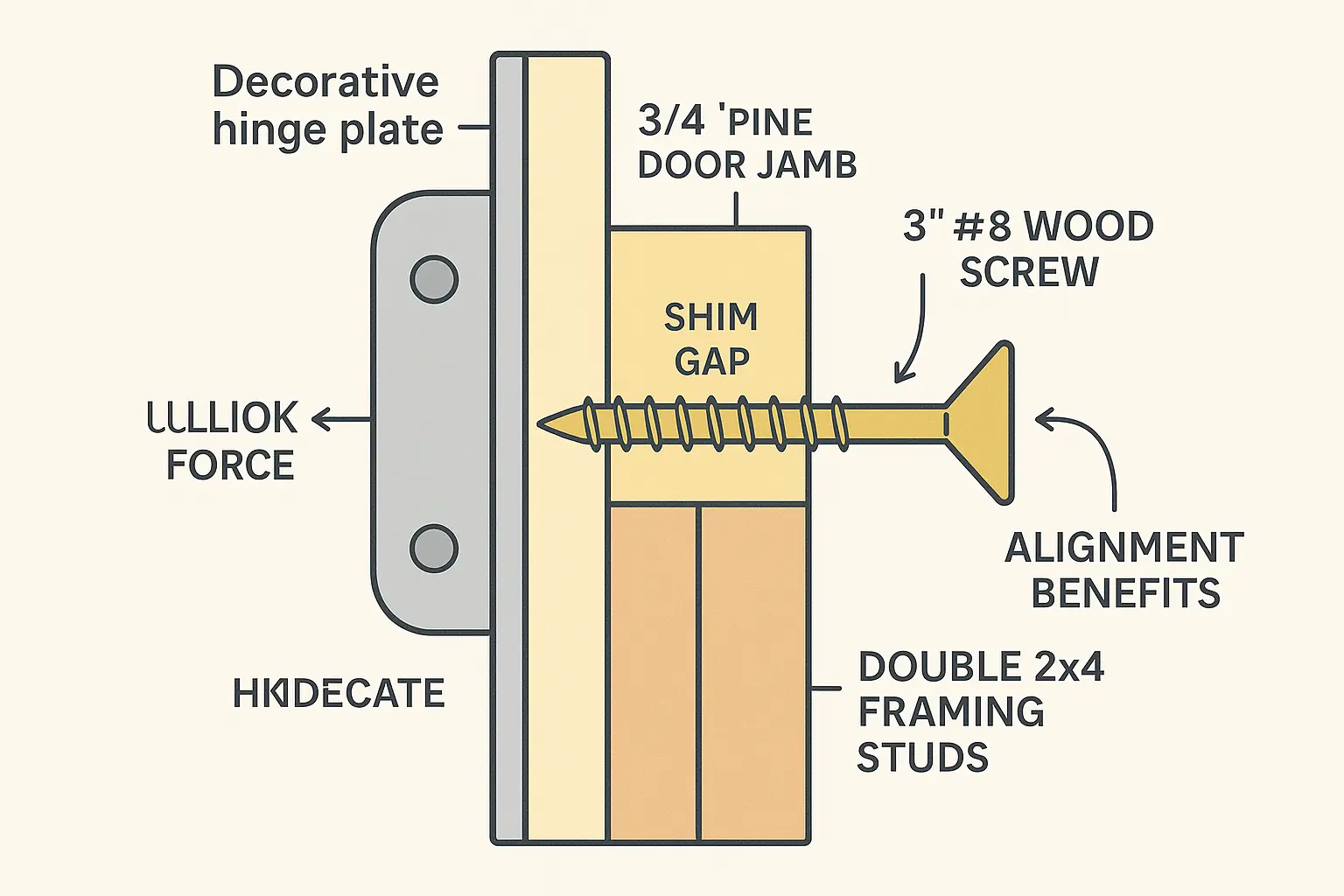 This diagram clarifies how a single 3-inch #8 wood screw anchors through the door jamb and wall framing studs to mechanically