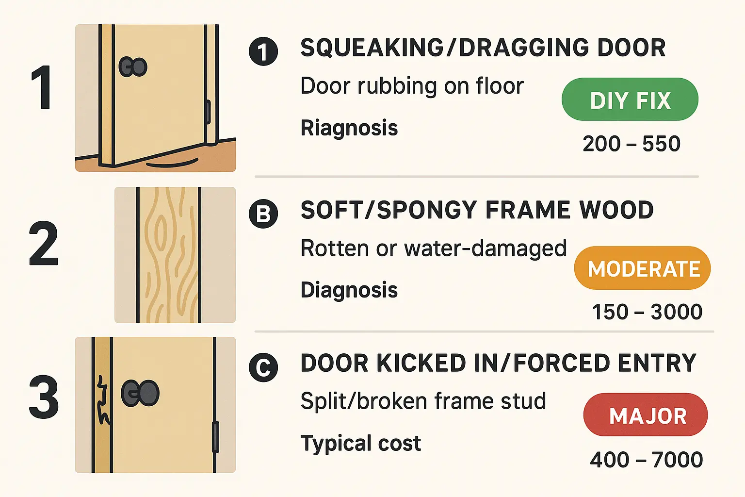 This checklist visual breaks down common front door problems into clear symptoms, helping homeowners self-assess the severity