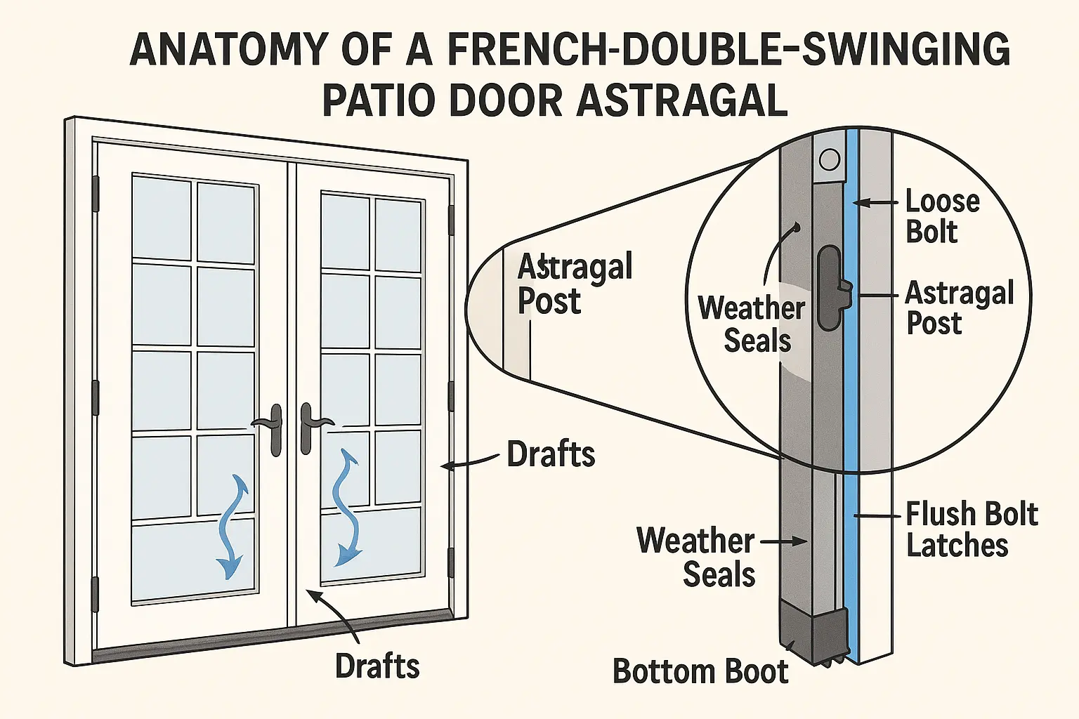 This visual anchor helps homeowners identify the key parts of the French door astragal and recognize failure signs that cause drafts or locking issues.
