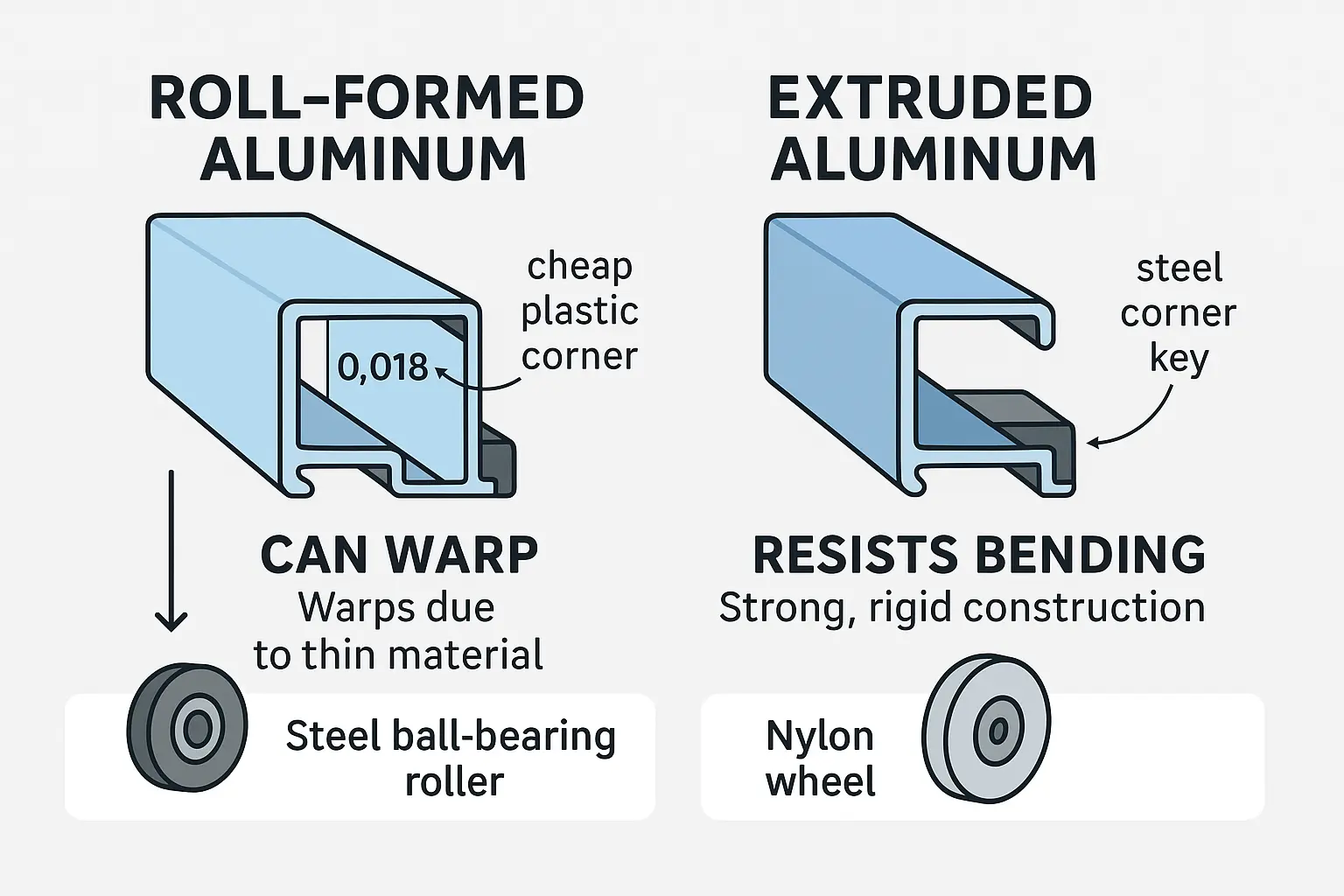 Side-by-side comparison of Roll-Formed and Extruded Aluminum Frames