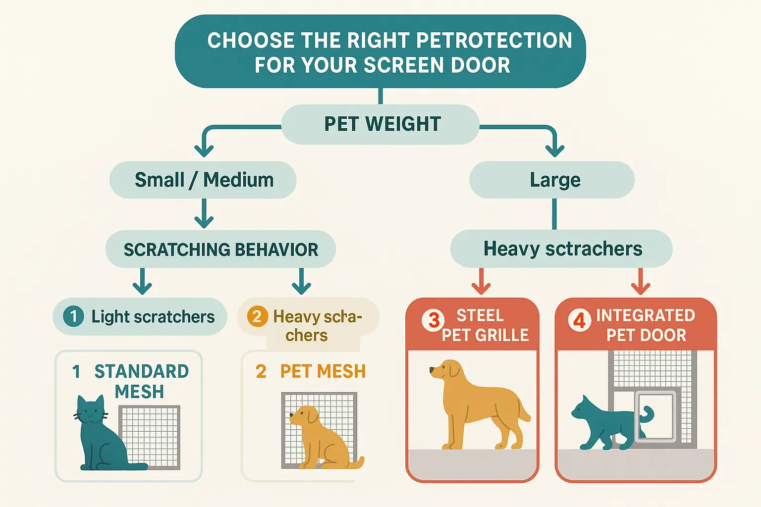 This pet protection decision matrix helps pet owners choose the ideal screen door solution