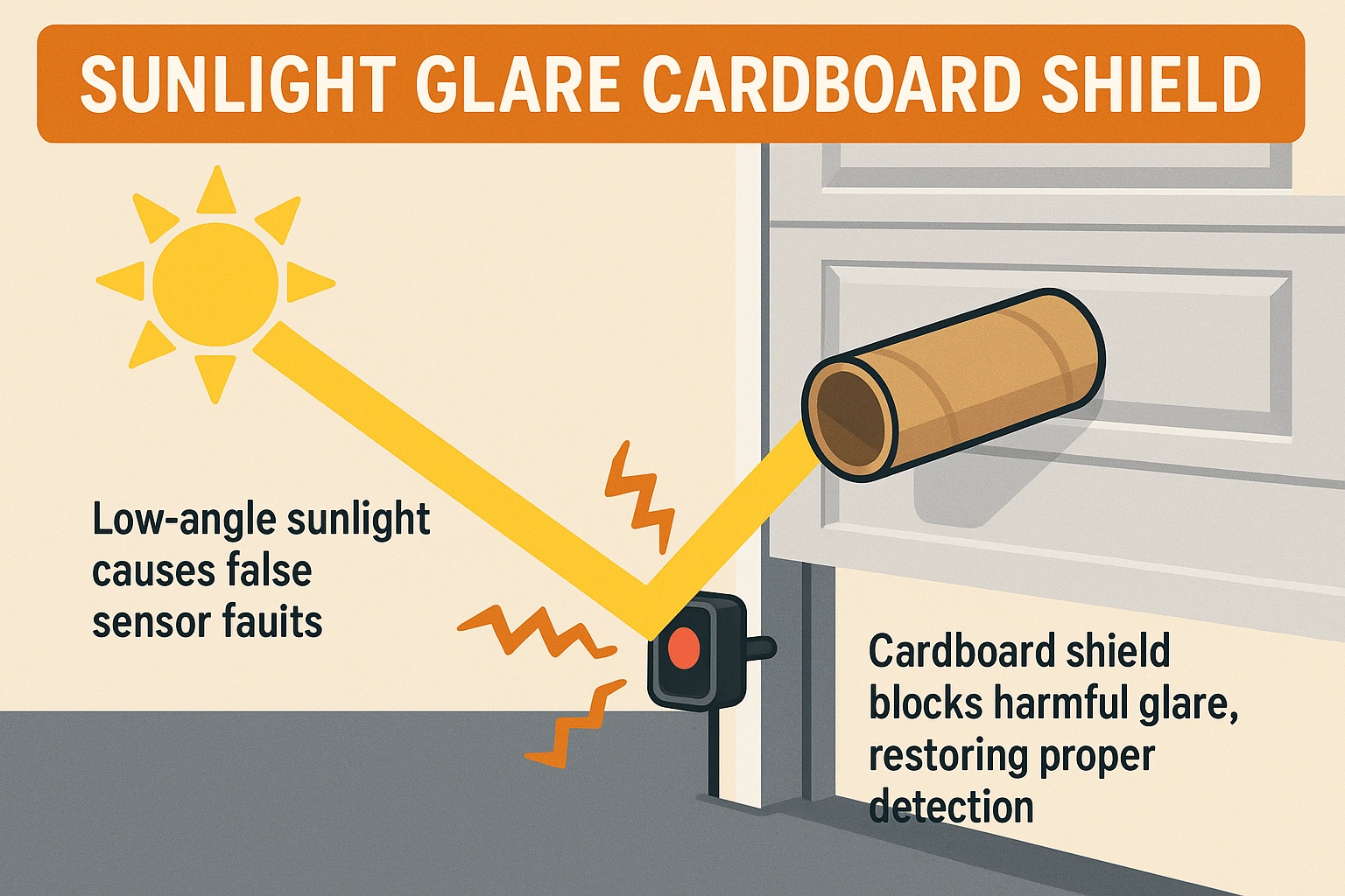An instructional diagram explaining how sunlight glare causes false sensor faults and demonstrating how a cardboard shield blocks harmful rays to restore proper detection.