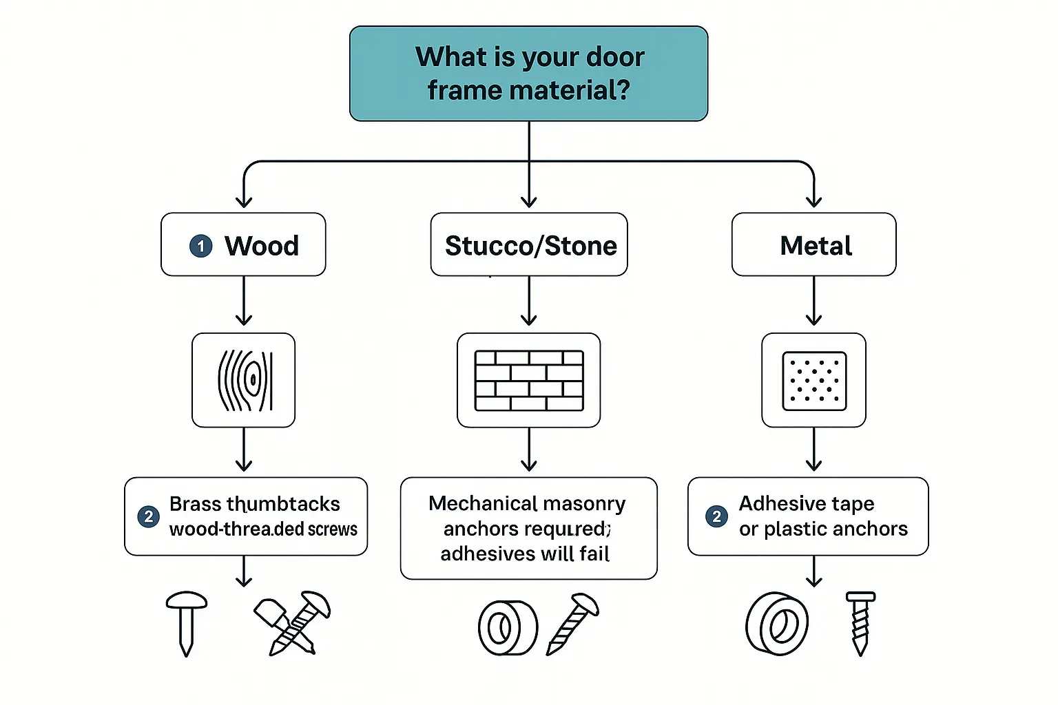 This flowchart guides users through choosing the right installation method for screen doors depending on their door frame material, helping prevent common adhesive failure and mechanical issues.
