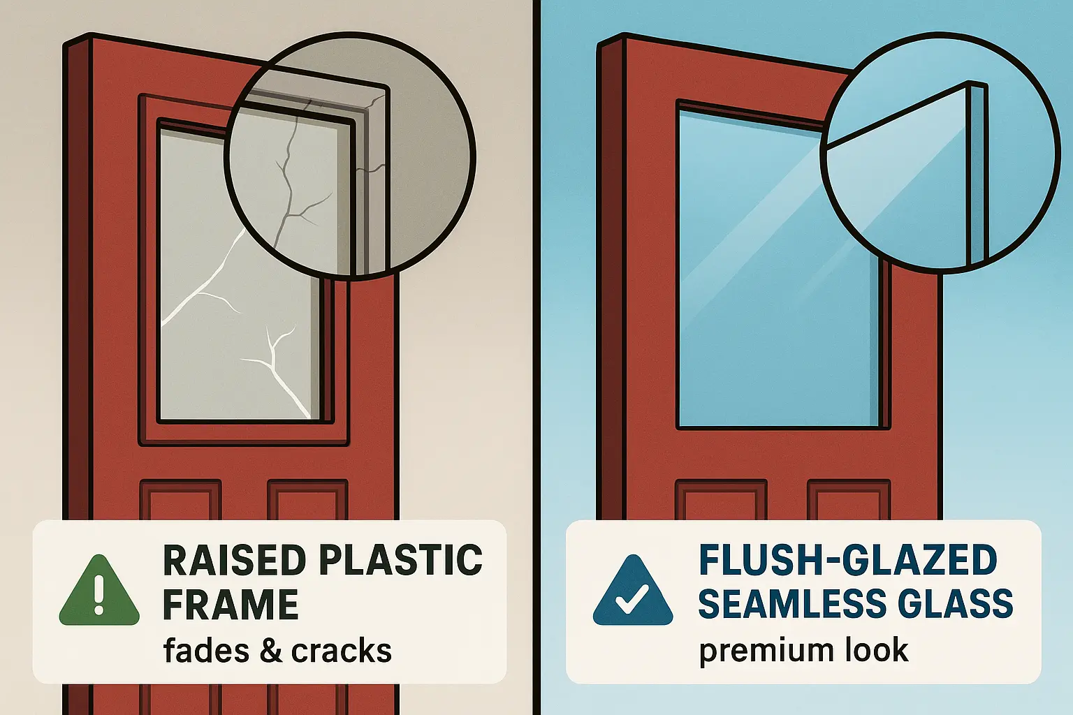Spotting a cheap fiberglass door: Raised plastic 'Lip Lite' frames crack and fade over time, while flush-glazed seamless glass inserts preserve a sleek, high-end appearance.
