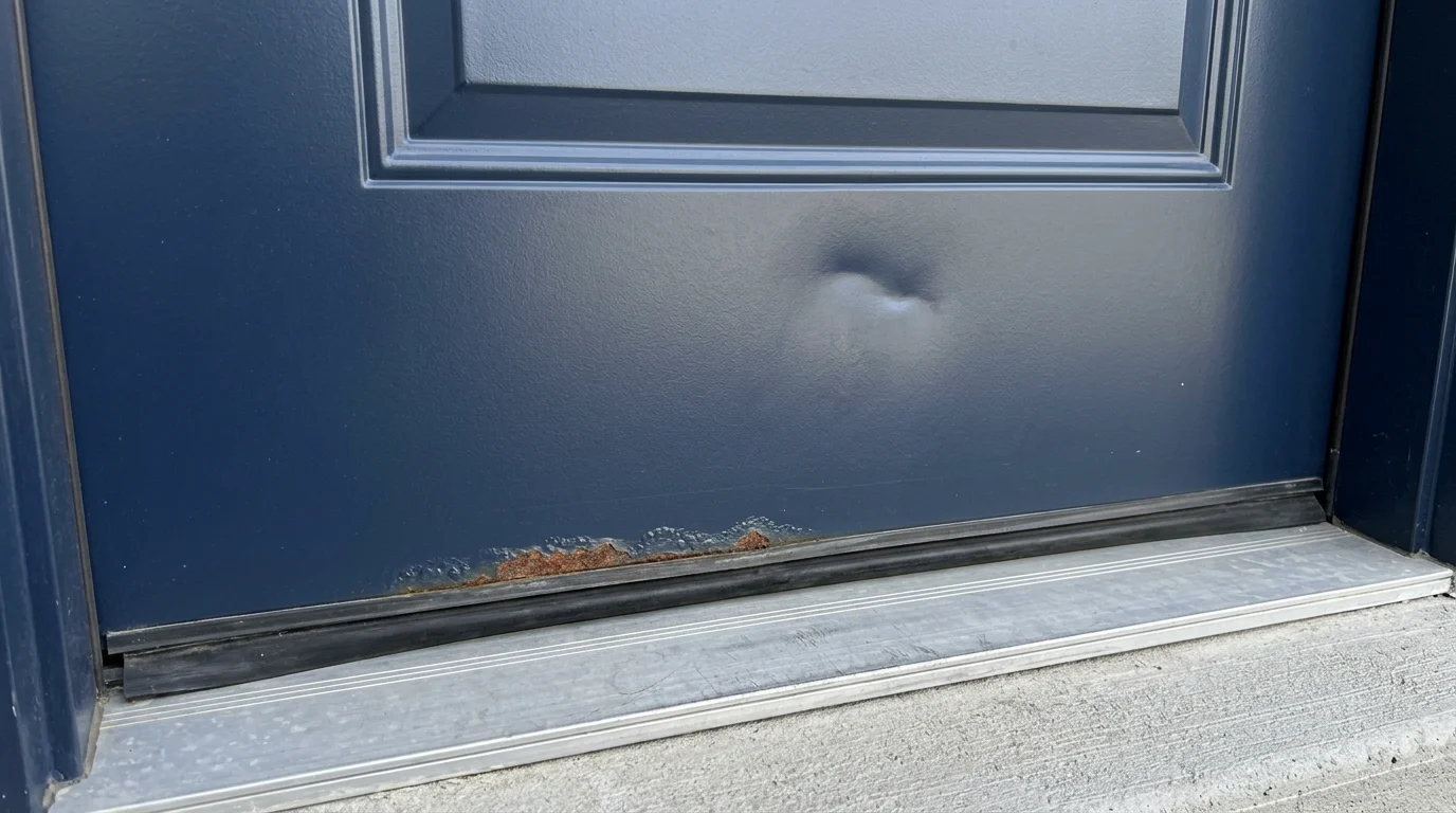 Lower part of a steel entry door with surface rust along the bottom edge and a shallow dent in the panel