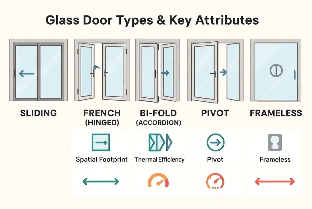 Master comparison matrix illustrating core types of glass doors mapped against cost, space, thermal performance, and opening width to aid architectural and buyer decisions in Connecticut.